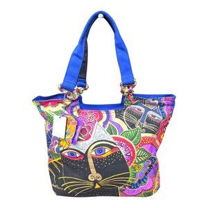 Laurel Burch Colorful Black Cat Shoulder Purse Pocketbook Canvas Tote Bag NEW